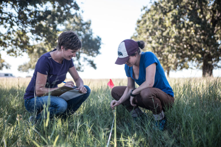 Two women kneeling down to examine soil measurements. Central, Texas regenerative ranch.