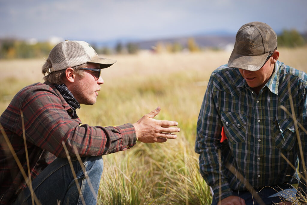 Two farmers kneeling on the ground talking to each other.